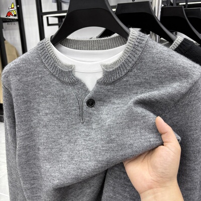 稻草人假两件圆领毛衣男款冬季翻领老钱风针织衫上衣慵懒风外套