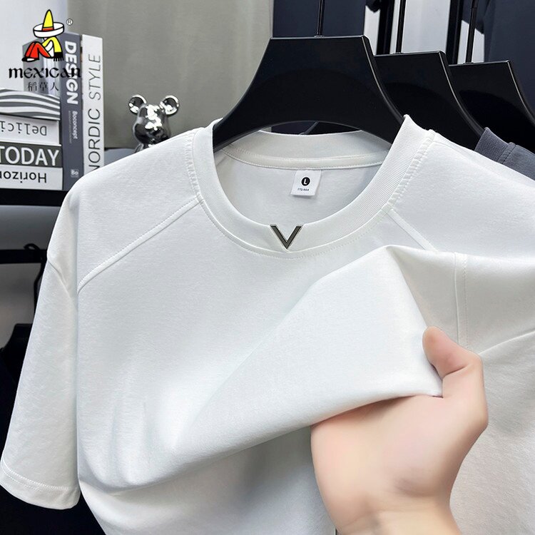 稻草人男士翻领短袖POLO衫小V新款冰丝T恤上衣免烫处理冰感纤维