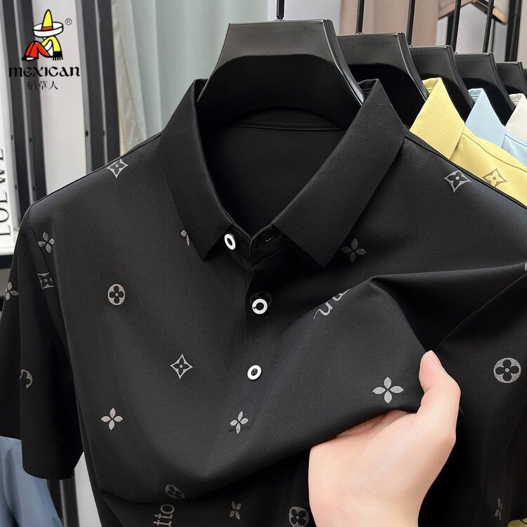 稻草人男士翻领短袖POLO衫新款冰丝T恤上衣免烫处理冰感纤维印花