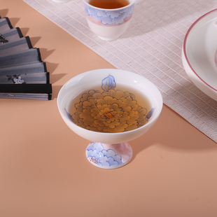 釉下彩纯手绘青花牡丹大茶杯粉色高足主人杯女生高颜值品茗杯单杯