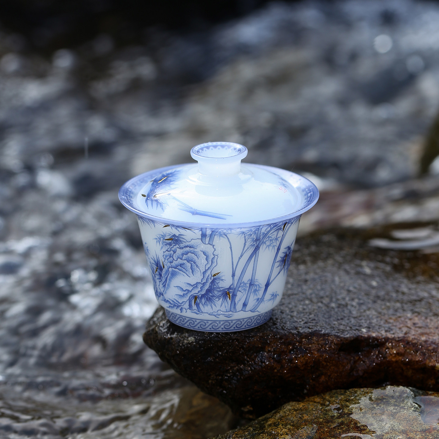 竹涧清隐男士小盖碗茶杯璞玉冰玉瓷泡茶碗雅致中式功夫茶具