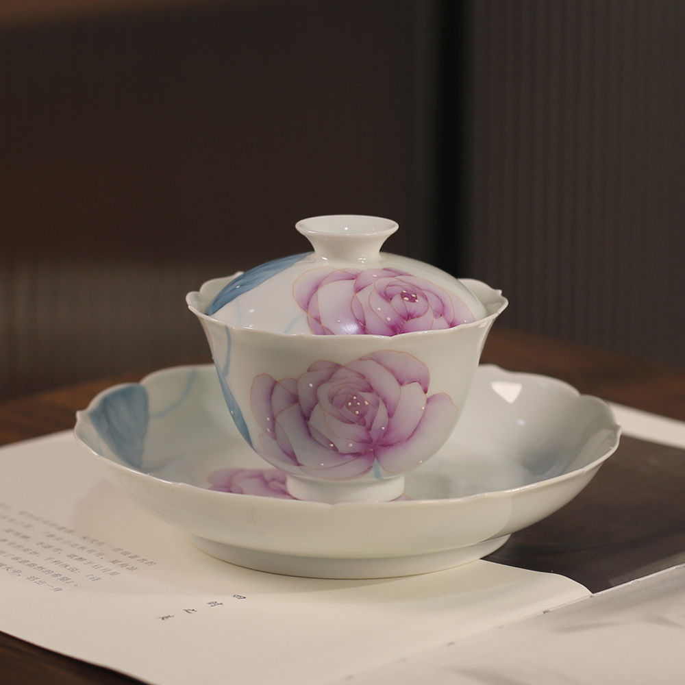 夏禾茶具蔓颜玉泥白瓷盖碗景德镇纯手绘玫瑰花泡茶碗小号单人小品
