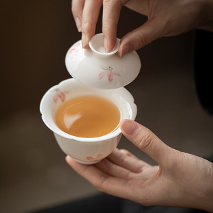 夏禾茶具釉下彩手绘兰花小盖碗羊脂玉瓷花口泡茶碗茶杯茶海不烫手