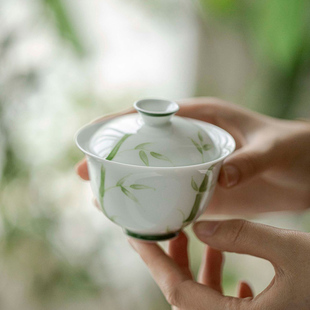 夏禾茶具釉下彩手绘翠竹盖碗家用小清新防烫手泡茶碗茶杯干泡壶承