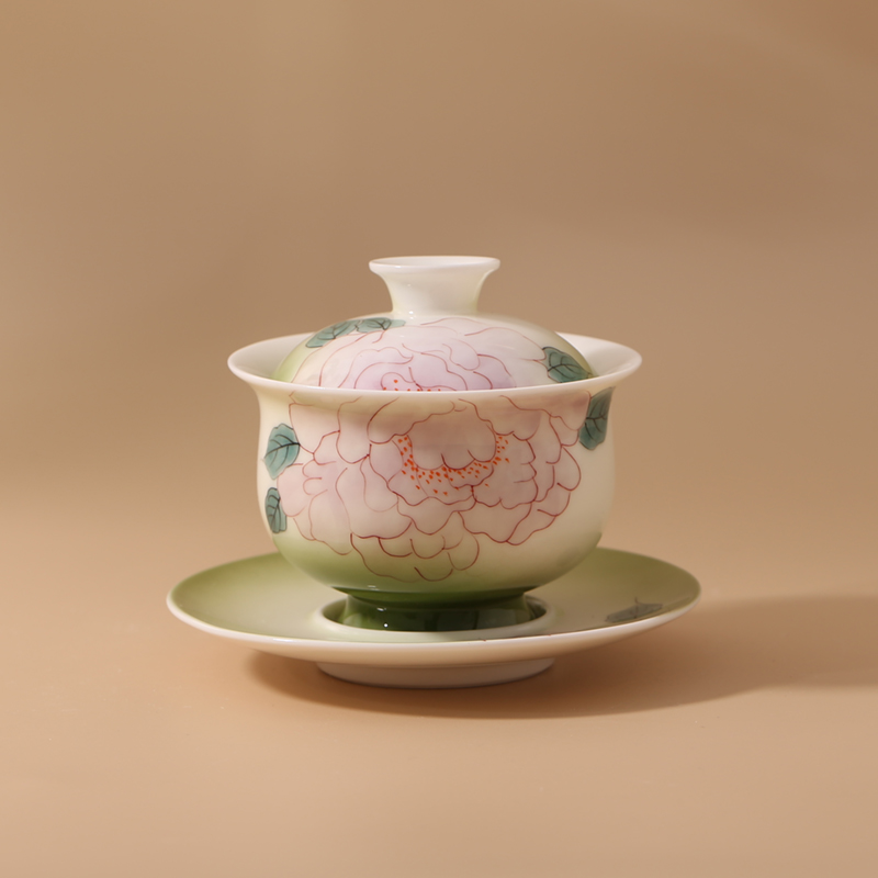夏禾茶具新品嫩绿色盖碗釉下彩手绘三才盖碗小清新不烫手元宝盖碗