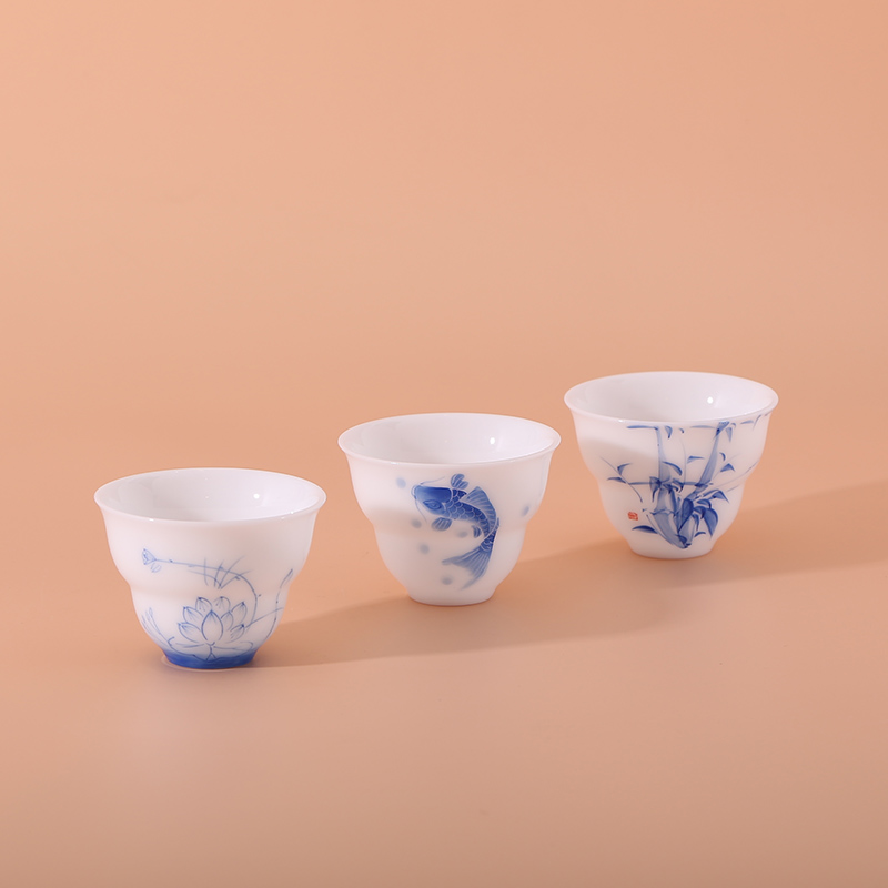 冰种玉瓷纯手绘茶杯葫芦主人杯青花品茗杯鱼竹白瓷陶瓷单杯礼盒装