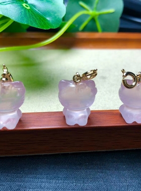天然粉晶雕刻KT猫小滴流手工diy手链项链吊坠手机链包挂水晶配饰