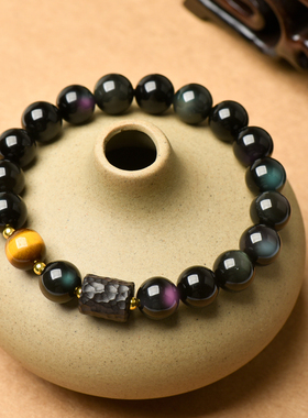 跨境欧美风黑檀木配黑曜石单圈手链黑玛瑙男女情侣水晶手串饰品