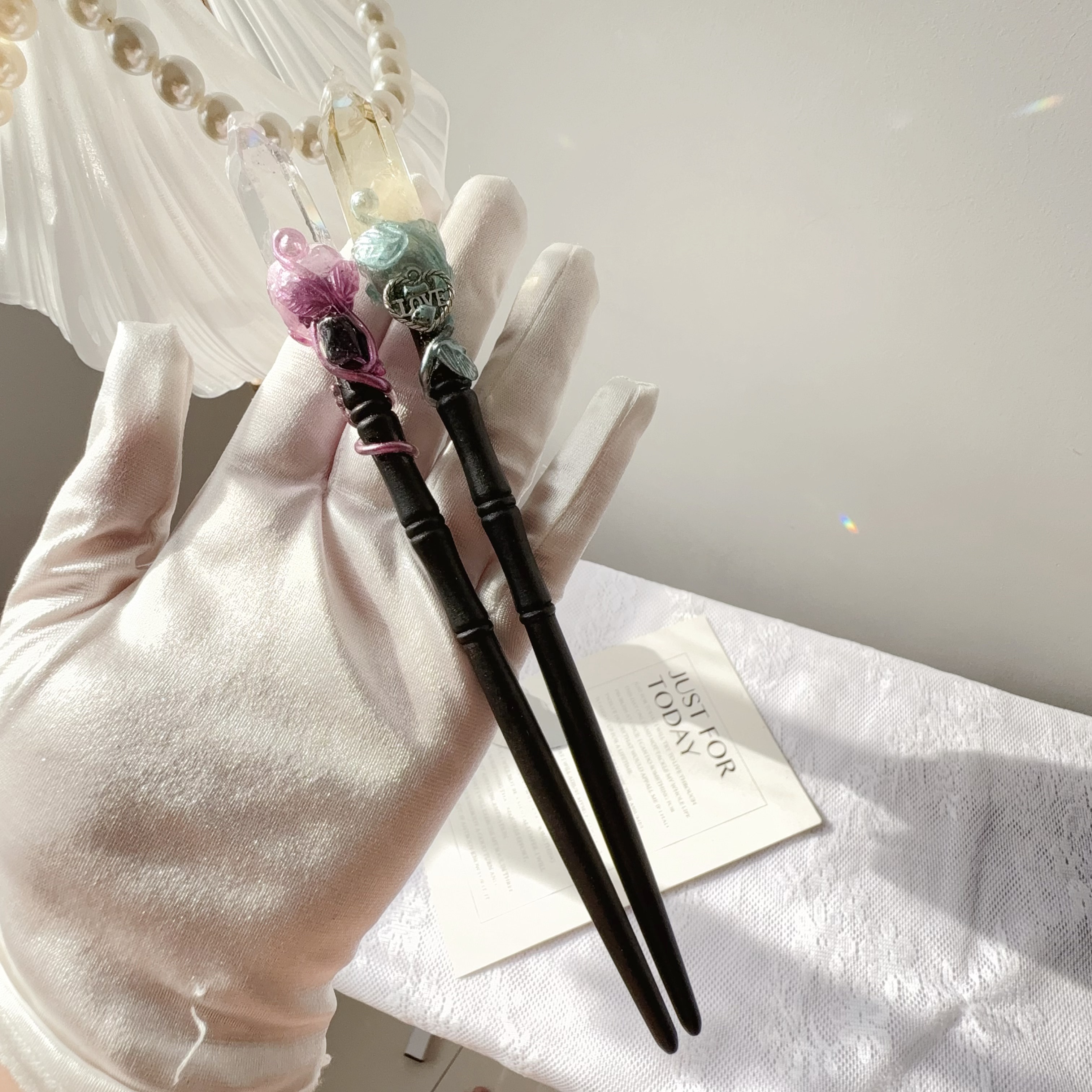 天然水晶白水晶黄水晶柱子魔法棒发簪两用魔法棍手工制作原创摆件