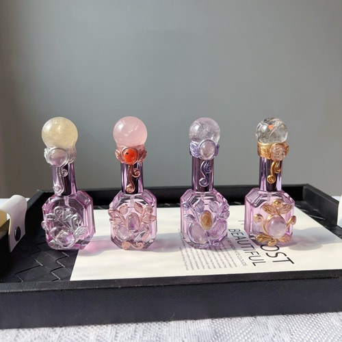 天然白水晶粉黄紫球手工制作香水瓶摆件分装礼物粉色系权杖魔法瓶