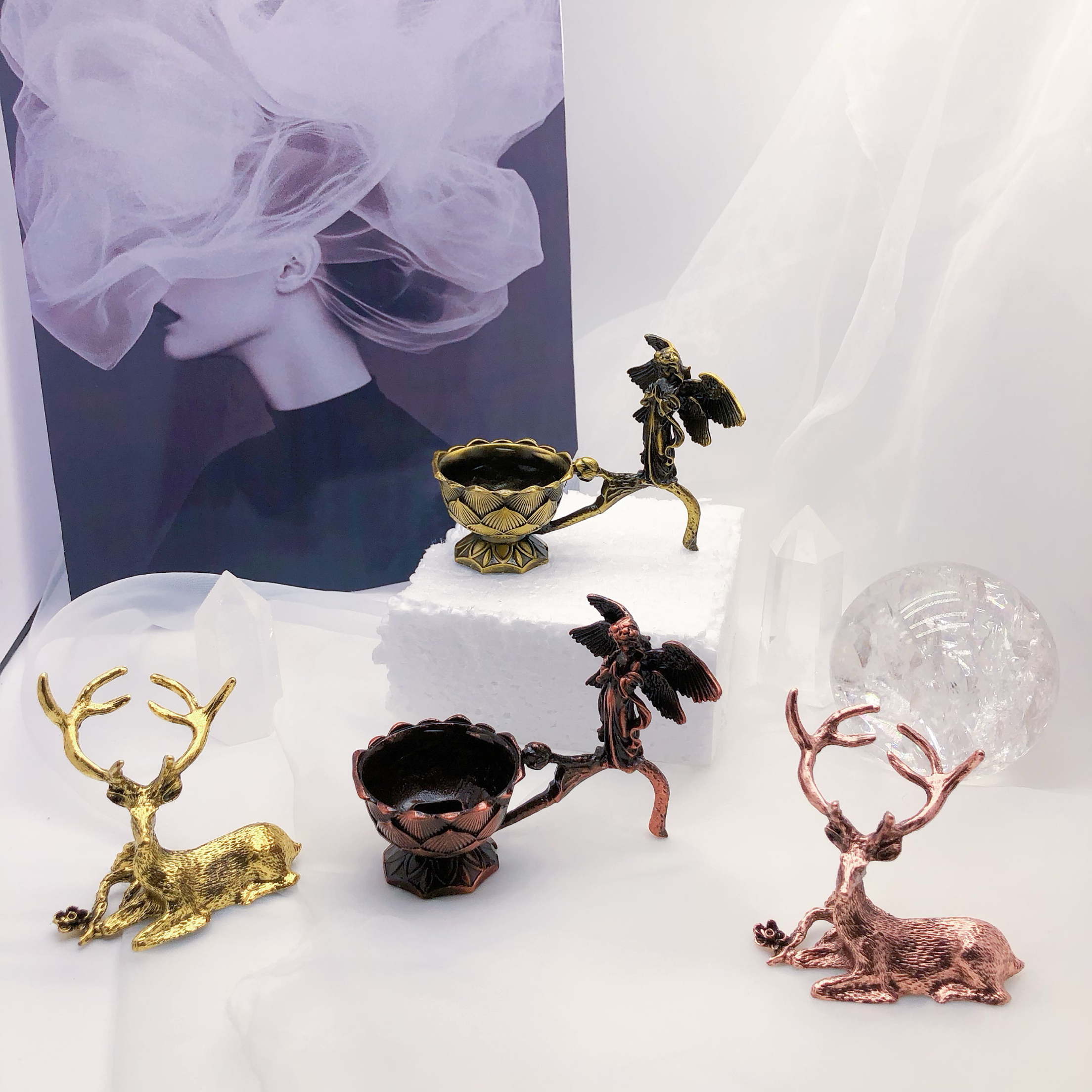 合金金属新款麋鹿梅花鹿天使祈祷水晶球底座托架艺术摆件居家摆件