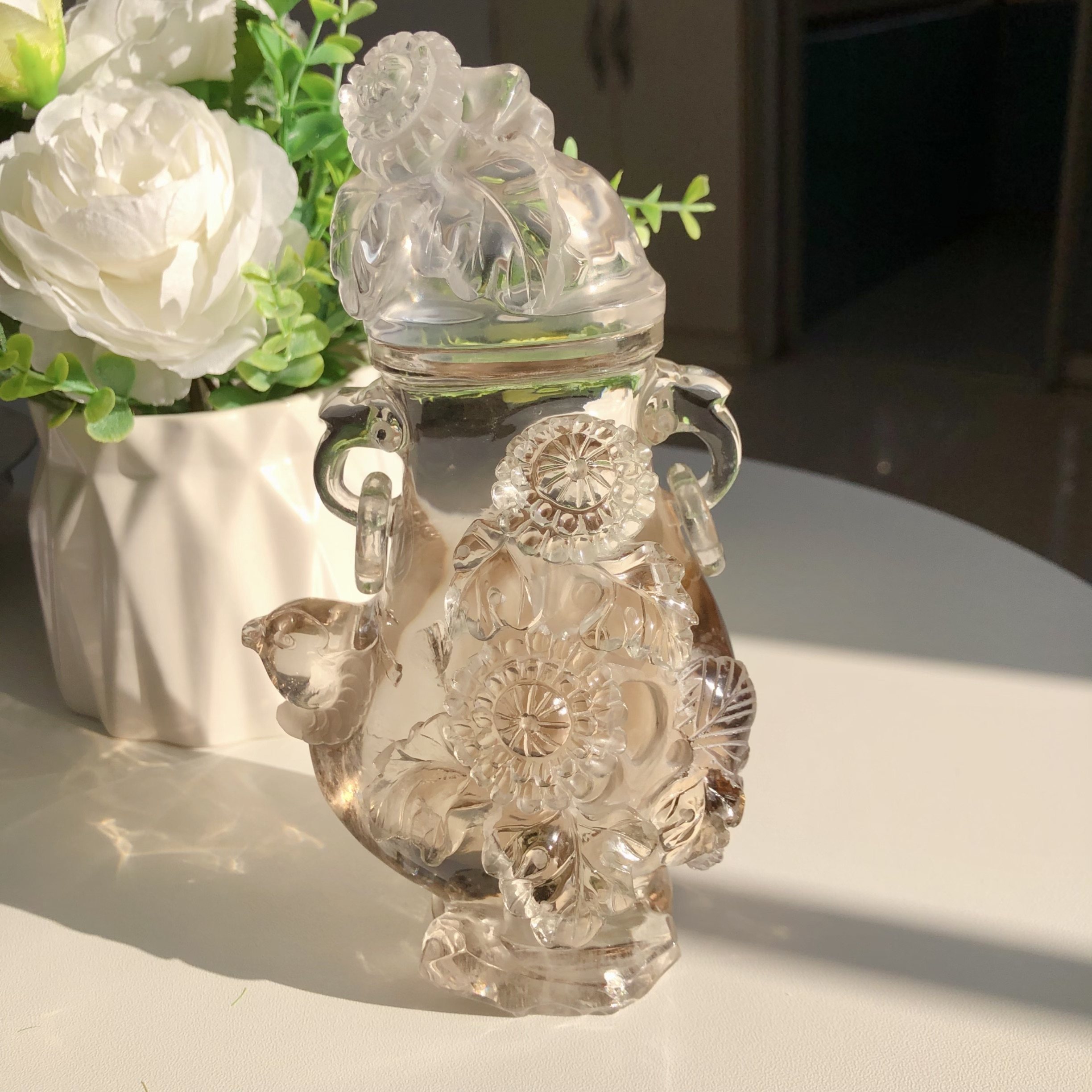 纯天然白水晶茶水晶雕刻宝瓶净瓶观赏瓶摆件山茶花牡丹花装饰摆设