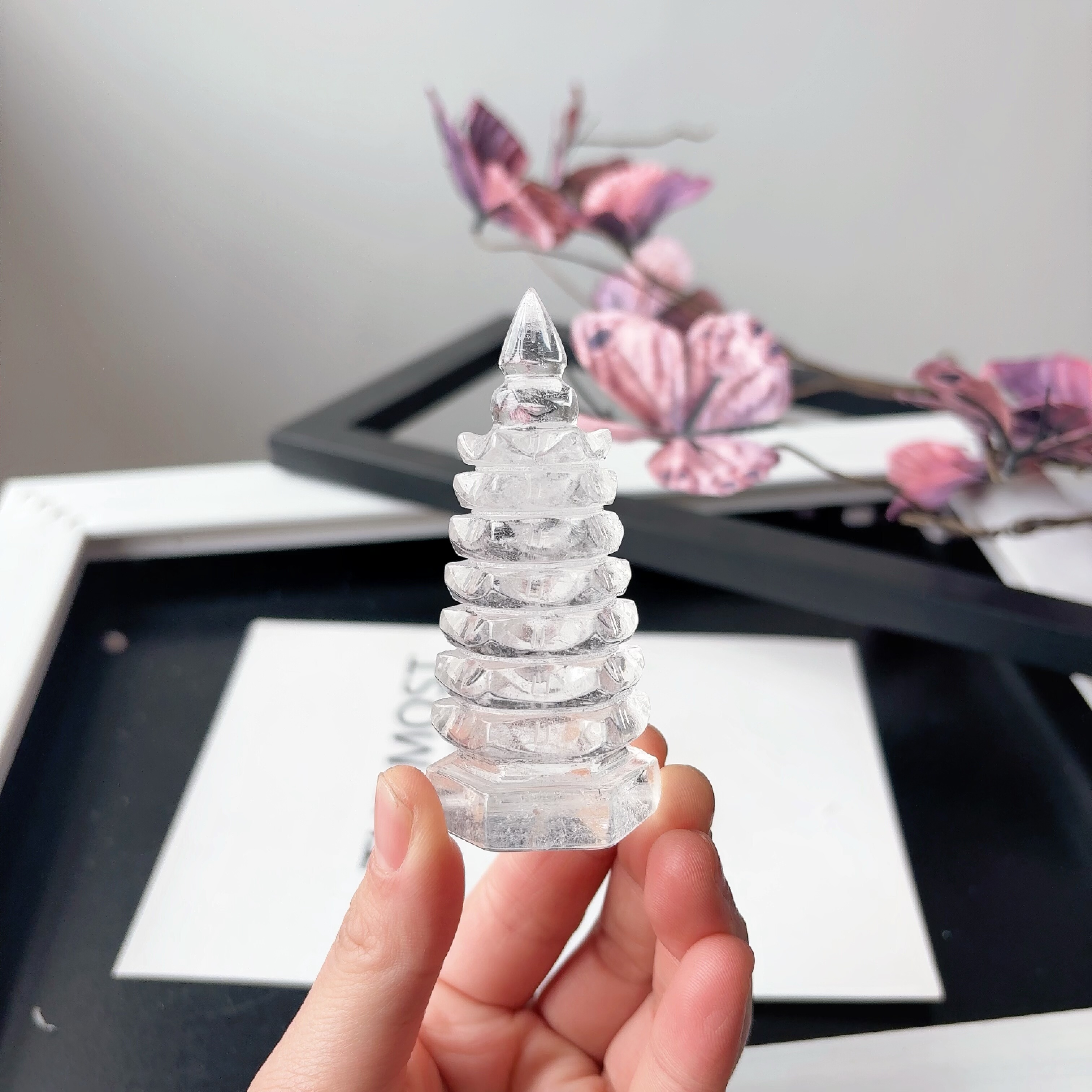 天然巴西白水晶原石打磨7层文昌塔摆件学生考试书桌礼物透小宝塔