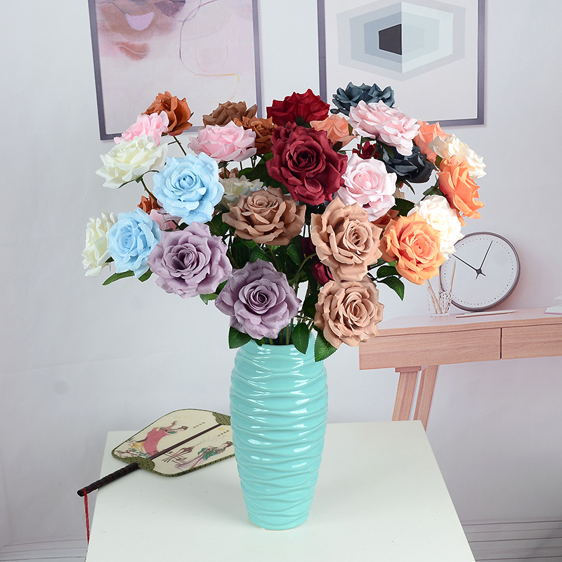 仿真花 婚礼礼堂玫瑰花卧室客厅花派车背景墙花花束3头钻石玫瑰花