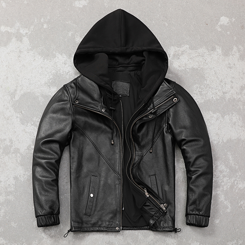 连帽休闲短款头层牛皮宽松