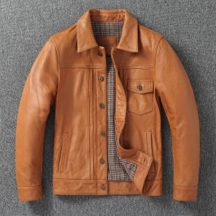短款 皮夹克石磨做旧橘色头层牛皮机车外套修身 皮衣男 506工装 经典