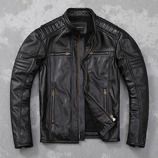 立领潮流机车服上衣 皮衣皮夹克头层牛皮外套时尚 新款 男士