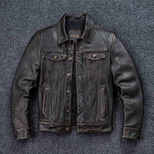 休闲外套 机车夹克短款 复古真皮皮衣男油蜡头层牛皮507工装 修身