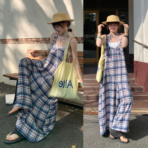 复古格纹背带阔腿裤V领吊带裤