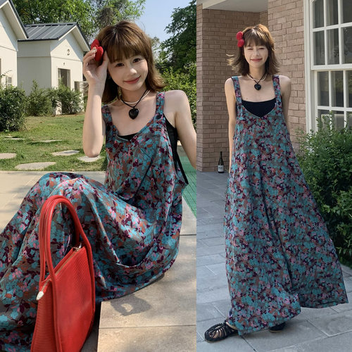 清凉蓝花海背带阔腿裤