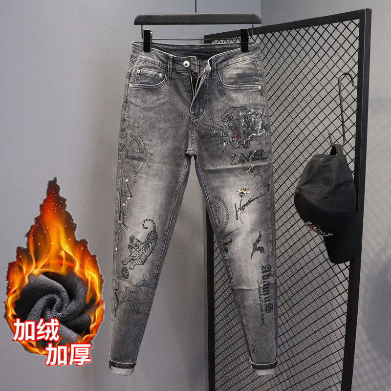 加绒加厚牛仔裤男欧洲站潮牌弹力修身个性印花小脚黑色长裤子潮流