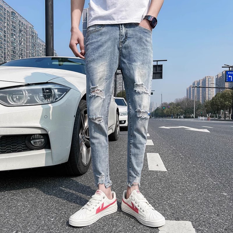 破洞牛仔裤男夏季薄款潮牌时尚美式高街乞丐修身浅色九分小脚裤子
