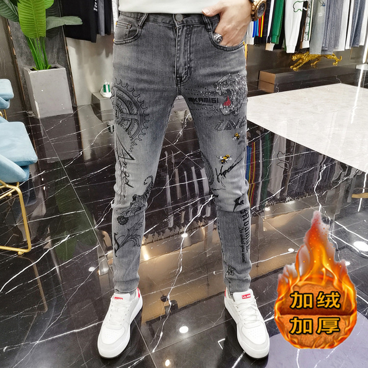 印花加绒加厚牛仔裤弹力小脚裤