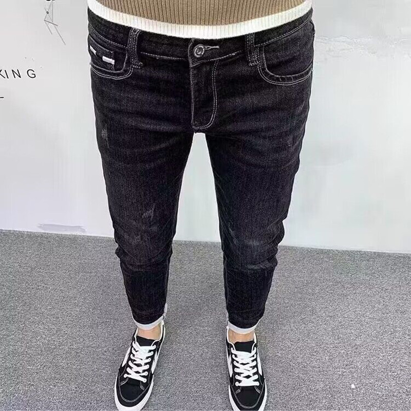 潮牌黑色小脚牛仔裤男春夏季薄款韩版修身九分裤子刺绣弹力紧身裤