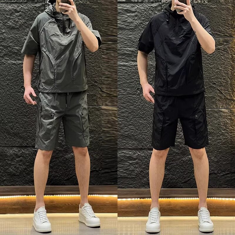 夏季薄款工装连帽短袖套装男潮流宽松透气多口袋速干五分裤两件套