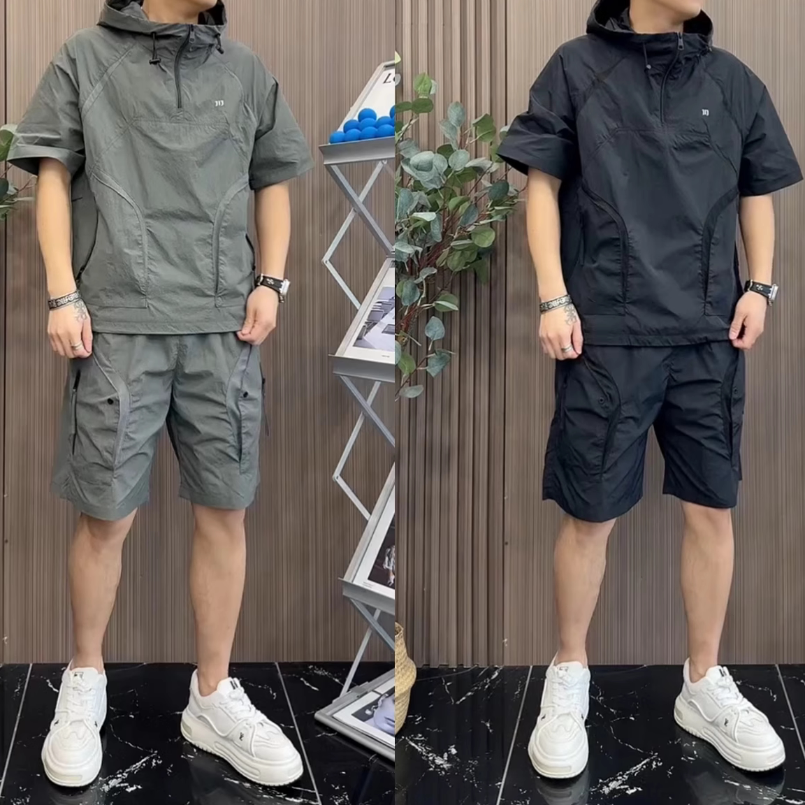 夏季工装连帽短袖套装男潮流宽松透气多口袋速干运动五分裤两件套