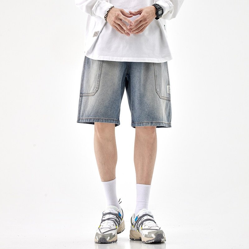 夏季薄款多口袋阔腿牛仔短裤男宽松直筒美式休闲时尚潮牌五分中裤