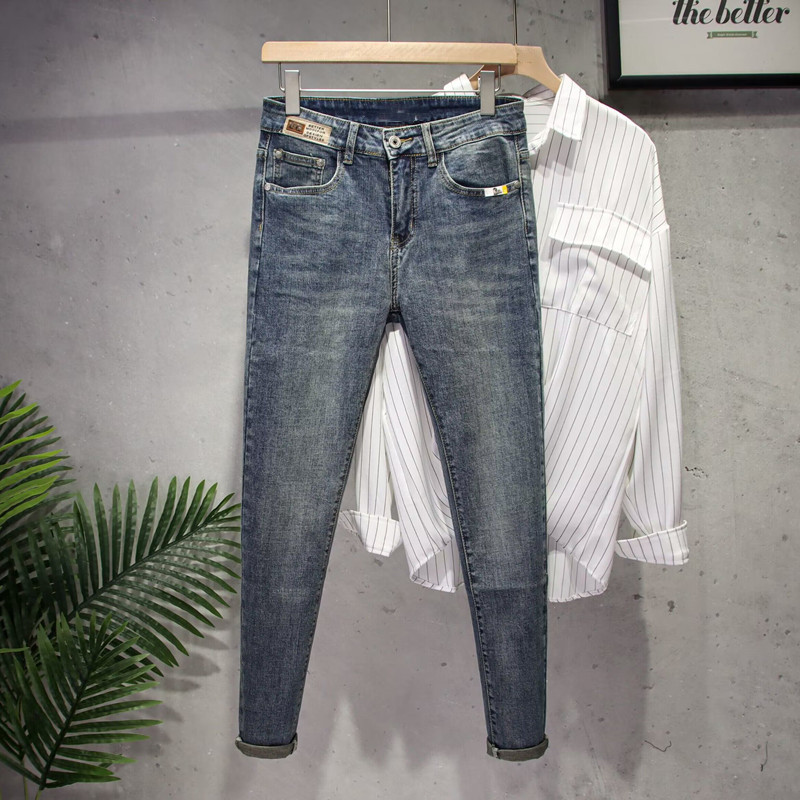 春秋季潮牌百搭牛仔裤男弹性修身简约小脚裤潮流时尚猫须显瘦九分