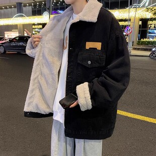 港风潮牌羊羔毛棉衣男女款冬季情侣休闲棉服加绒加厚牛仔夹克外套