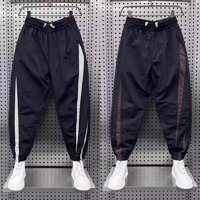 春夏季薄款冰丝速干九分裤男士拼接休闲裤时尚百搭束脚哈伦裤潮流
