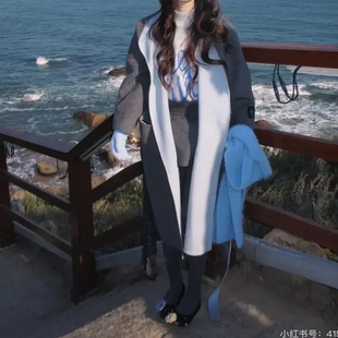 绵羊毛混纺浴袍式 腰带连帽撞色毛呢外套大衣