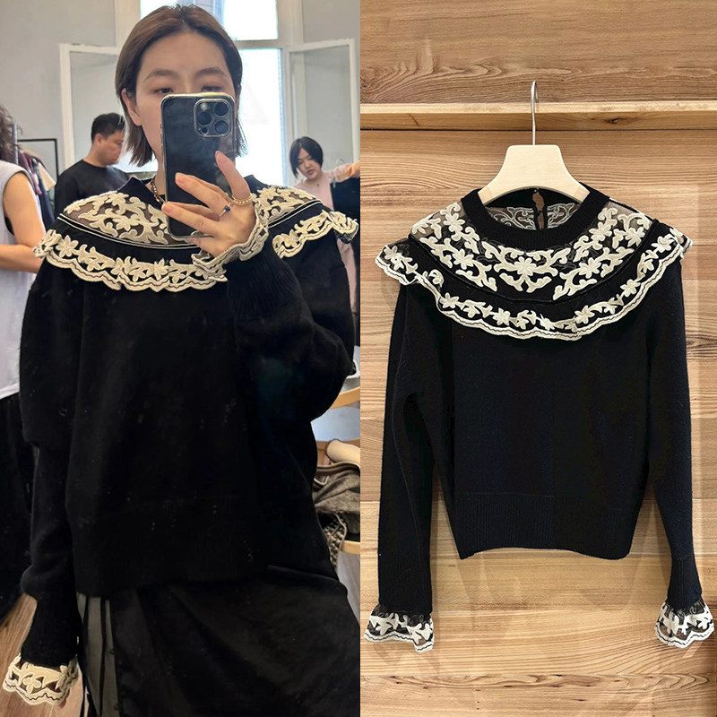 法式 2026早春网纱刺绣花边领拼接袖口圆领显瘦针织女士毛衣