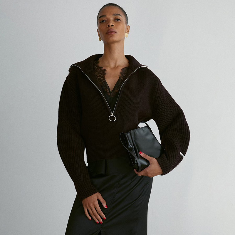 亏清 Rec韩国秋冬罗纹套头O型半拉链海军翻领廓形针织女毛衣