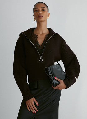 亏清 Rec韩国秋冬罗纹套头O型半拉链海军翻领廓形针织女毛衣