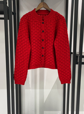 法式 ~~~~ 2026早春新年红色格纹编织圆领开衫聚会外套女士