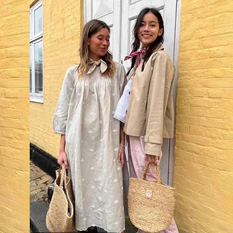 亏清美式小众DO25春夏季优雅日系棉麻圆领扇形刺绣花休闲长连衣裙