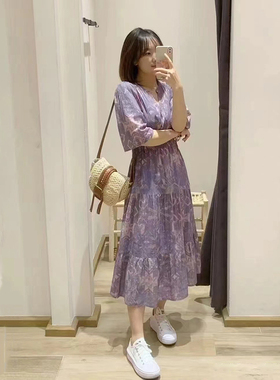 现货 元品清仓法式小众长裙浪漫紫色印花V领人字纹套头连衣裙