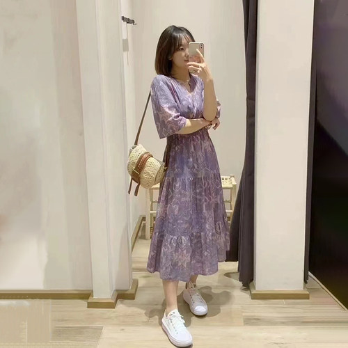 现货 元品亏清法式小众长裙浪漫BA紫色印花V领人字纹套头连衣裙