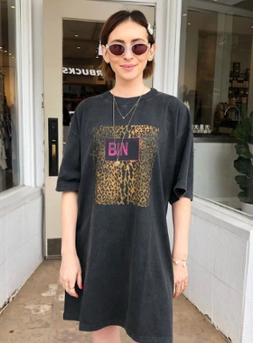 亏清ins 博主夏季豹纹酷辣宽松长短袖黑灰色女士T恤裙子