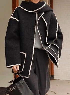 亏清北欧风格流苏围巾领外套慵懒风白色勾边宽松黑色大衣