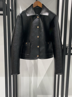 亏清法式秋冬新款潮奢黑色翻领正肩单排暗扣皮衣A字短裙女士套装