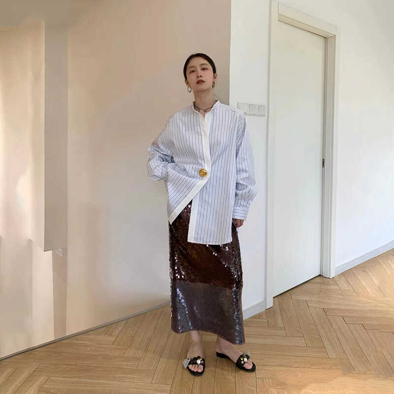 亏清买手高货法式一粒扣撞色条纹宽松时尚简约显瘦百搭条纹衬衫