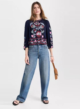 法式小众24早秋浮雕彩花刺绣藏蓝色V领撞色复古上衣连衣裙