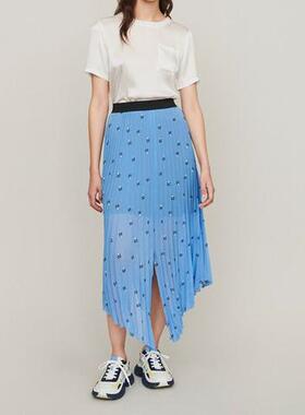 特价清 M 家尾货印花百褶不规则蓝色刺绣半身裙