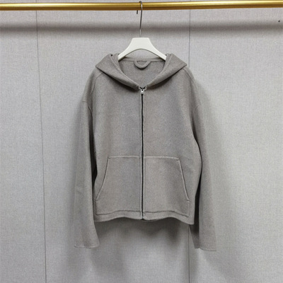 25新款宽松简约羊毛混纺拉链连帽外套双面呢短大衣男女同款