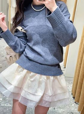 法式小众2025早春甜美蝴蝶结撞色拼接假两件针织套头灰色连衣裙女